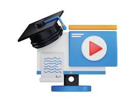 3d rendering computer monitor with a graduation cap and video player icon illustration vector