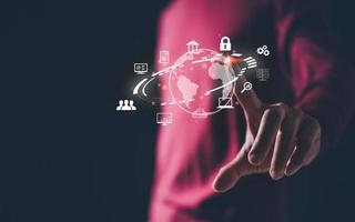 Business global internet connection technology , Financial and banking, Digital link tech, big data.man working with keyboard show connecting of world intrnet network,cloud computing,data and security photo