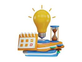 3d rendering books with light bulb and a hourglass on top and calendar vector