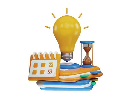 3d rendering books with light bulb and a hourglass on top and calendar