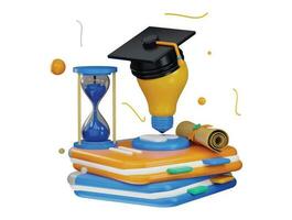 3d rendering blue and yellow school supplies with a clock with a graduation cap on it vector