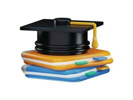 3d rendering stack of books with a graduation cap on top of it vector