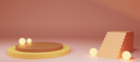 Brown podium with light and stair. Modern Pedestal. Display scene stage platform showcase stand for products, cosmetic or skincare advertising. 3D rendering. Banner size and web cover size. photo