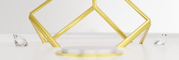 Cylinder podium with diamonds. Stand to show products. Stage showcase with copy space. Golden Pedestal display. Banner size. Website cover template. 3D rendering. photo