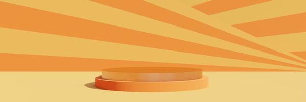 Orange cylinder podium with abstract background. Stand to show products. Stage showcase with empty space for presentation. Pedestal display. Banner size. Website cover template. 3D rendering. photo