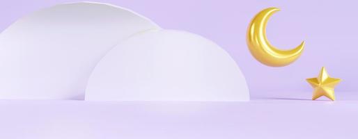 Purple background with crescent moon and stars.  Ideal for product showcase. background with blank space. Banner size and web cover size. 3D rendering. photo