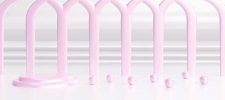 Glossy pink podium with tiny pink spherical objects on white  background. Luxury stand to show products. Stage showcase with beautiful girly scene for presentation. Pedestal display. 3D rendering. photo