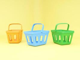 Multi-colors empty shopping baskets on yellow background. 3d rendering illustration. photo