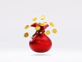 3D Gold coins in red bag on white background.  3D rendering. Bag of coins in financial and wealthy concept. photo