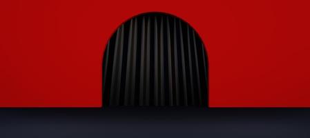 Red wall background with black curtain.  Ideal for product showcase. Background with blank space. Banner size and website cover size. 3D rendering. photo