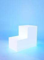 White glow square podium in blue background. Simple white box pedestal. Display scene stage platform showcase stand for products advertising. 3D rendering. Phone size. photo