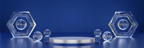 Cylinder podium with geometric clear glass objects. Stand to show products. Stage showcase with empty space. Pedestal display on deep blue. Banner size. Website cover template. 3D rendering. photo