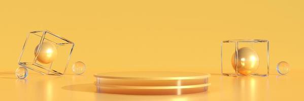 Yellow cylinder podium with geometric objects. Stand to show products. Stage showcase with copy space. Sweet honey color pedestal display. Banner size. Website cover template. 3D rendering. photo