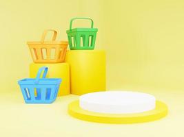 multi-colors empty shopping baskets with podium on yellow background. 3d rendering illustration. photo