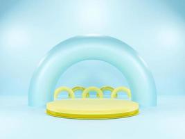 Yellow podium in blue background. Simple and cute pedestal. Display scene stage platform showcase stand for products advertising. 3D rendering. photo