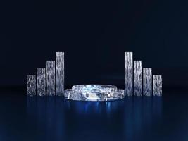 Glass Podium in dark blue background. Modern Crystal Pedestal. Display scene stage platform showcase stand for products, cosmetic or skincare advertising and for presentation. 3D rendering. photo