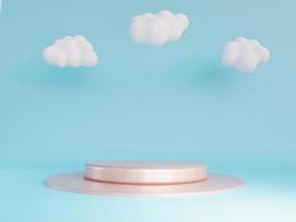 Pink gold podium with white clouds. Minimal pedestal in blue background. Display scene stage platform showcase stand for products, cosmetic or skincare advertising and for presentation. 3D rendering. photo