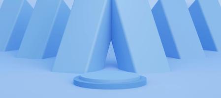 Light blue cylinder podium with decorative objects.  Stand to show products. Modern pedestal display with copy space. Banner size. Website cover template. 3D rendering. photo