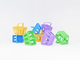 Multi-colors empty shopping baskets on white background. 3d rendering illustration. photo