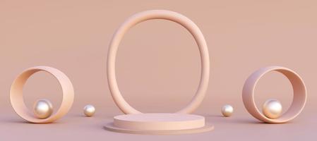 Beige cylinder podium with decorative circle objects.  Stand to show products. Modern pedestal display with copy space. Banner size. Website cover template. 3D rendering. photo