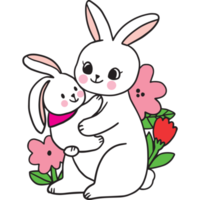 Cartoon cute mom and baby rabbit and flower clipart png