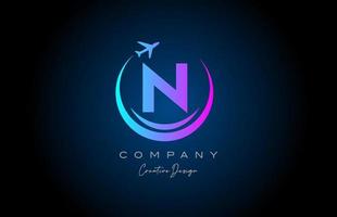 blue pink N alphabet letter logo with plane for a travel or booking agency. Corporate creative template design for company and business vector