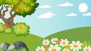 Spring landscape background design with trees, mountains, fields, flowers vector