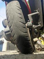 A close up of motorcycle tire photo