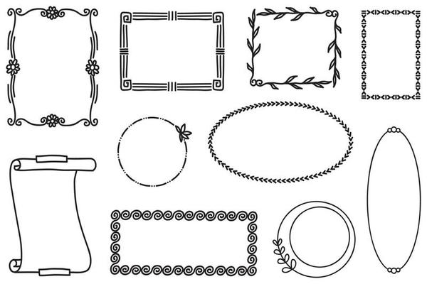 hand drawn Set of black and white doodle rectangle frames