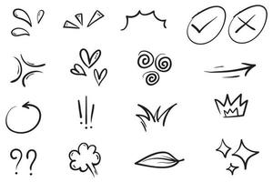 Vector set of hand-drawn cute cartoony expression sign doodle line stroke. movement drawing, curve directional arrows, emoticon effects design elements, cartoon character emotion symbols,