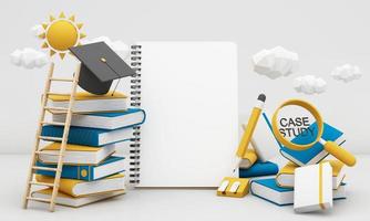 back to school concept and degree achievements from education. Minimal background for online education concept. Book with graduation hat on color pastel background. 3d rendering illustration. photo