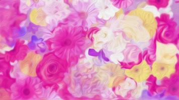 hermosa resumen floral diseño movimiento antecedentes en el estilo de un petróleo cuadro. flores incluir clavel, crisantemo, margarita, gerbera, gladiolo, hortensia y Rosa. lleno hd y un sin costura bucle. video
