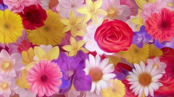 kleurrijk levendig bloemen beweging achtergrond animatie met zomer bloemen - roos, madeliefje, gele narcis, chrysant, gerbera - in de stijl van een olie schilderen. video