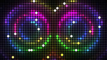 Shiny glowing neon disco LED lights retro background. 1970s colorful spinning spiral circles of light. Full HD motion background animation.