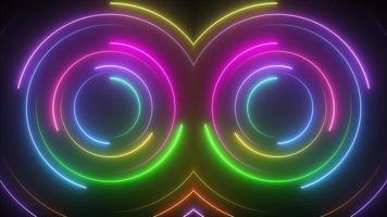 beschwingt glühend Neon- Disko Kreise retro Hintergrund. bunt Spinnen konzentrisch Neon- Kreise. voll hd Bewegung Hintergrund Animation. video