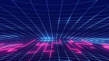 Retro futuristic cyberpunk grid motion background with glowing pink and blue neon light beams. video