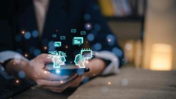 Chatbot Chat with AI, Artificial Intelligence. man using technology smart robot AI, artificial intelligence by enter command prompt for generates something, Futuristic technology transformation. photo