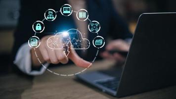 Women touching cloud computing diagrams. Cloud technology. Data storage. Networking and internet service concept. photo