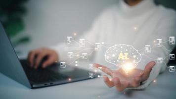 Hand touching brain of AI, Symbolic, Machine learning, artificial intelligence of futuristic technology. AI network of brain on business analysis, photo