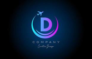 blue pink D alphabet letter logo with plane for a travel or booking agency. Corporate creative template design for company and business vector