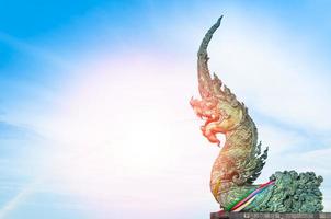 Naga statue spray water to the sea with blue sky background,samila-songkhla Thailand photo