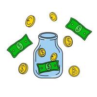 Saving money jar. Glass bottle with coins, dollar banknotes, euro, bitcoin. Groovy cartoon financial illustration vector