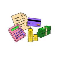 Economics, calculations, a calculator and money. Groovy cartoon style. Document. coins, stack of banknotes, credit card. vector