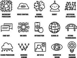 Artificial intelligence icon set in line style. Machine learning, robot, neuron networks, cloud computing, digital AI technology for helping human vector