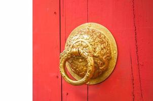 door handle made from golden metal on the red door Old Chinese style photo