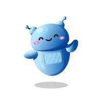 Cute robot with smile welcomes you. Symbol of artificial intelligence services. Cute robotic character. Chat bot communication assistant. Futuristic mascot vector