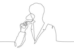 continuous line drawing silhouette of a man in a jacket languishingly drinking from a glass goblet. A man relishes a drink. The concept of sommelier, relaxation, tasting vector