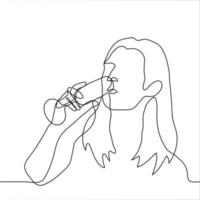 portrait of a woman with long hair drinking from a tall narrow glass a drink champagne or sparkling wine. One line drawing of a female sommelier, woman celebrating vector