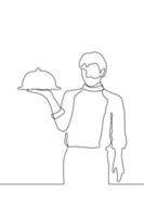 Linear drawing of a standing waiter with a tray with a dish in his right hand. Continuous line drawing of a black outline of a restaurant employee with an order vector