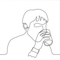 retrato de un hombre quien bebidas líquido desde un vaso. uno línea dibujo concepto de sed, reposición de olor balance, bebida agua o tomar medicina vector